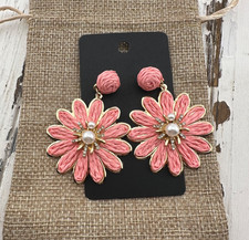 Pink Embellished Raffia Woven Flower Earrings