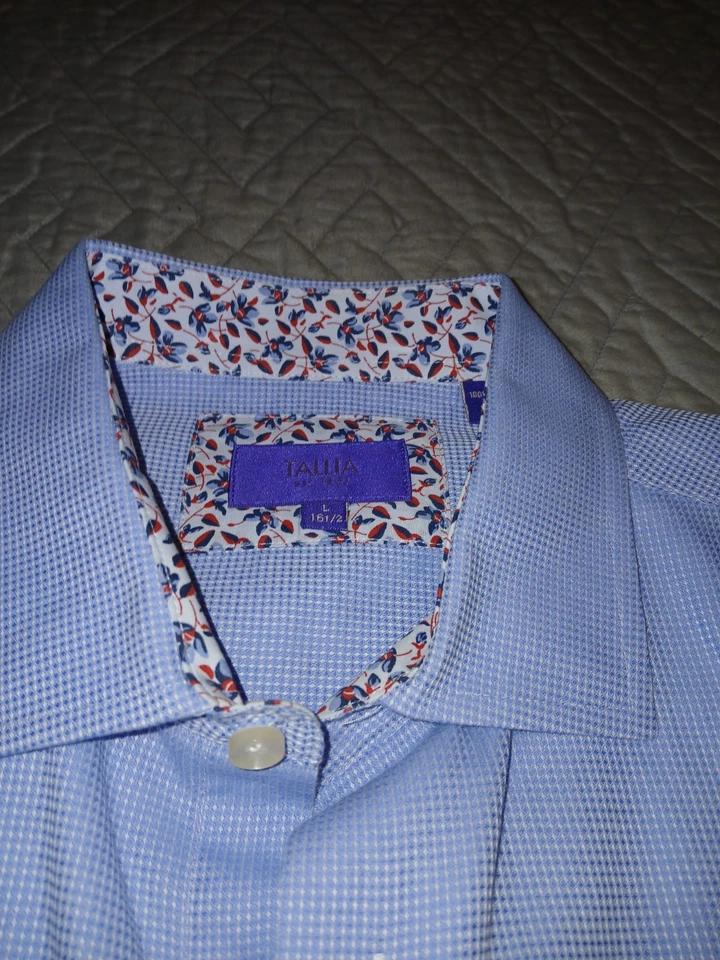 Camisa de vestir de manga larga Tallia para hombre puño abatible 100 % algodón azul blanco 16,5 talla L Foto 2 de 4