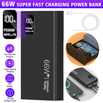Power Bank 30000mAh 66W Fast Charging LCD 2USB Portable External Battery Charger