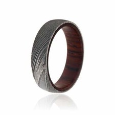 New 6mm Wide Damascus Steel Ring with Cocobolo Wood Sleeve