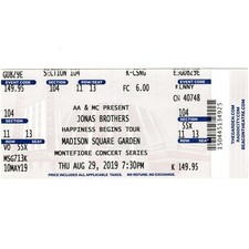 JONAS BROTHERS & BEBE REXHA Full Concert Ticket Stub NEW YORK 8/29/19 MSG Rare