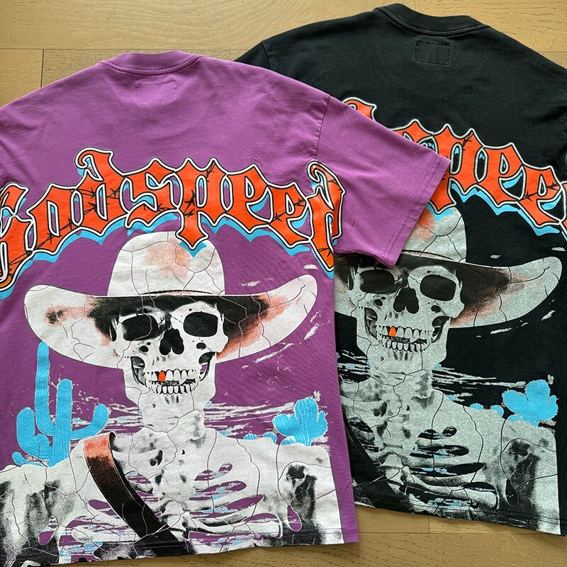 Godspeed スカルデザイン Tシャツ NEW Godspeed Skeleton cowboy print pattern Tee Washed Mens