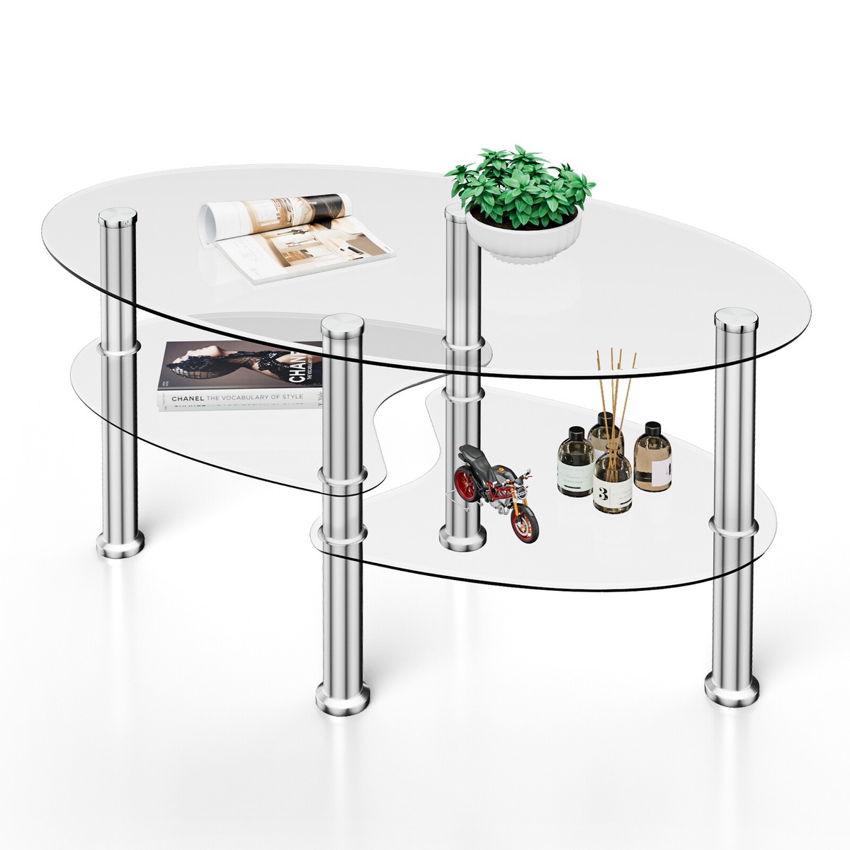 Tempered Glass Coffee Table 3-Tier Oval Modern Center Table Tempered Glass Coffee Table 3-Tier Oval Modern Center Table