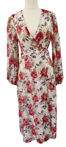Seven Wonders Midi Pink Floral Long Sleeve Floral Wrap Dress AU sz 6