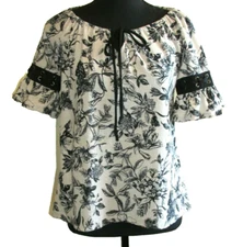 NAIF Peasant Blouse Women Size Small Ivory & Black Off Shoulder Floral Stretch