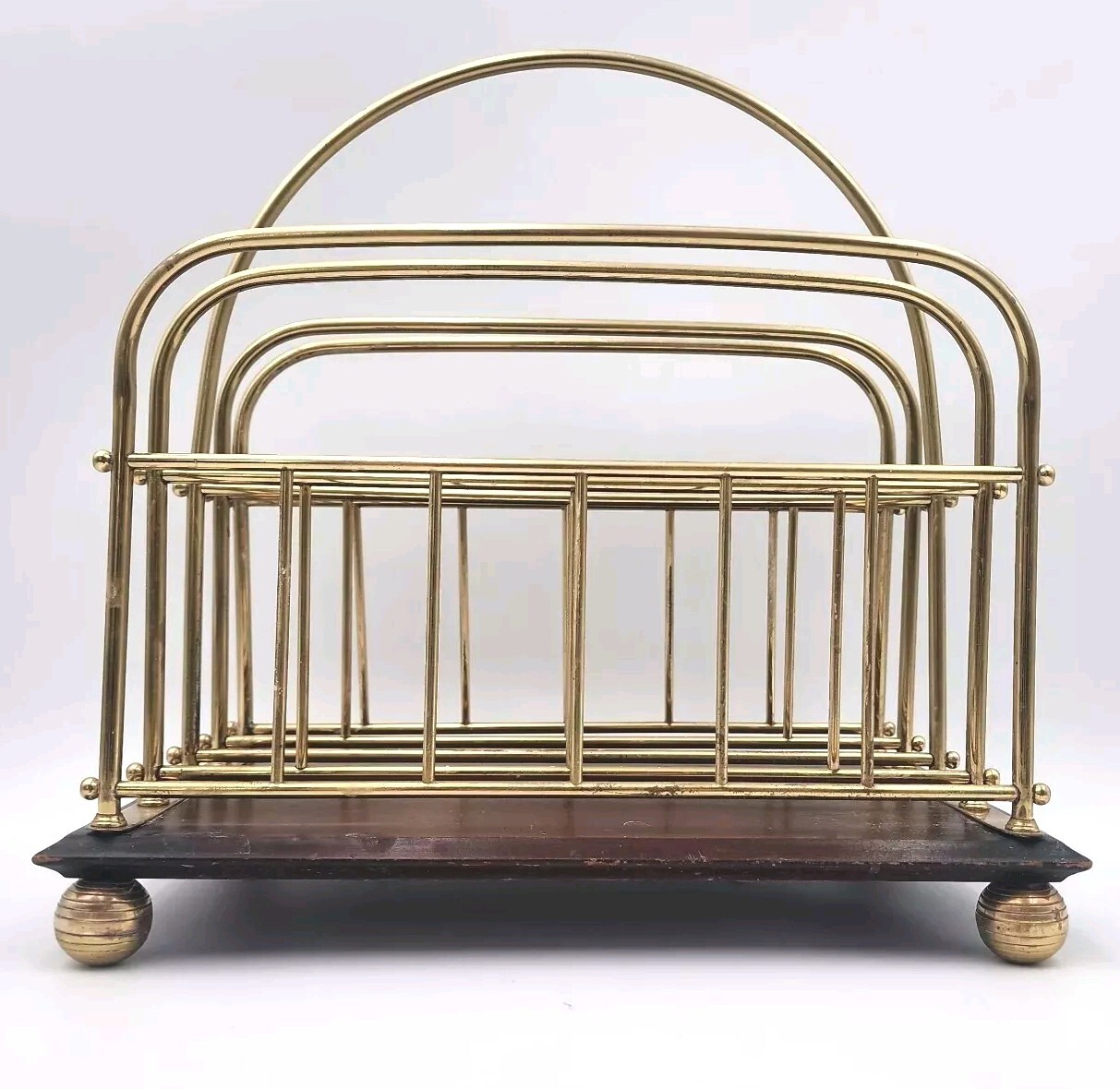 Magazine Rack Oak Brass Spiral Brass Feet English Vintage Antique Book Holder