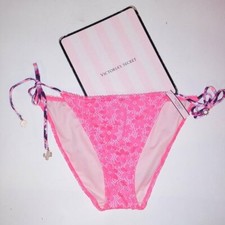 Victoria Secret Swim Bottom Large Teeny Bikini Neon Pink Floral Lace Side Tie