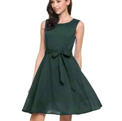 Zeagoo Women Boat Neck Sleeveless A-Line Fit Flare Green Dress with Belt  Sz XL