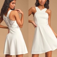 NWT Lulu's Halter Lace Detail A-Line Mini Dress in White - L