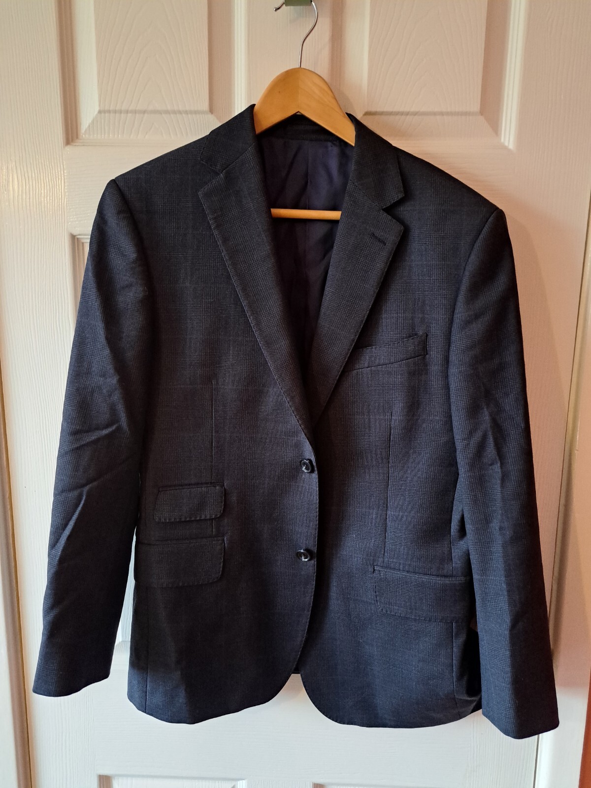 Tuta TM Lewin blu navy a quadri UK 38 corta Savile fila lana 2 pezzi London Jermyn