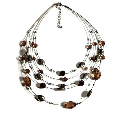 Multi Strand Illusion Station Necklace Silver Tone & Amber Colored Beads