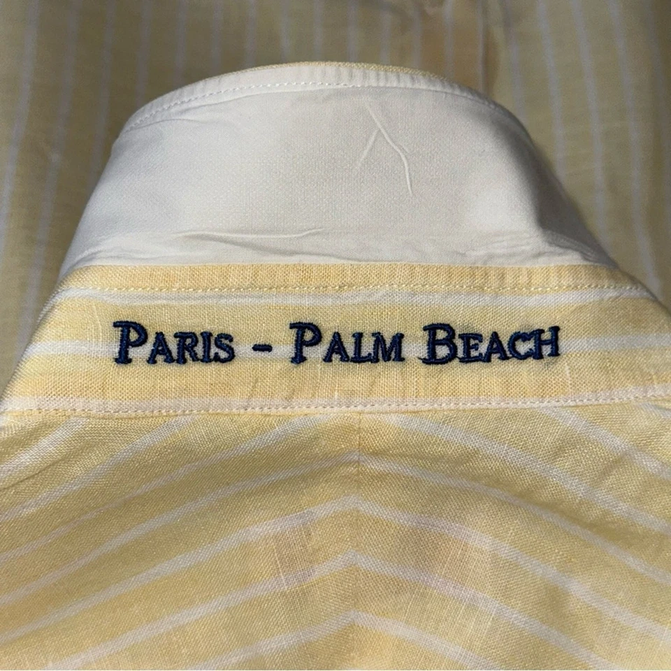 Vicomte A Men’s Size M Yellow White Striped Linen Long Sleeve Button Down Shirt - Image 4 of 4