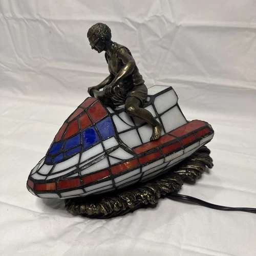 Vintage Tiffany Style 11” Stained Glass Jet Ski Table Lamp