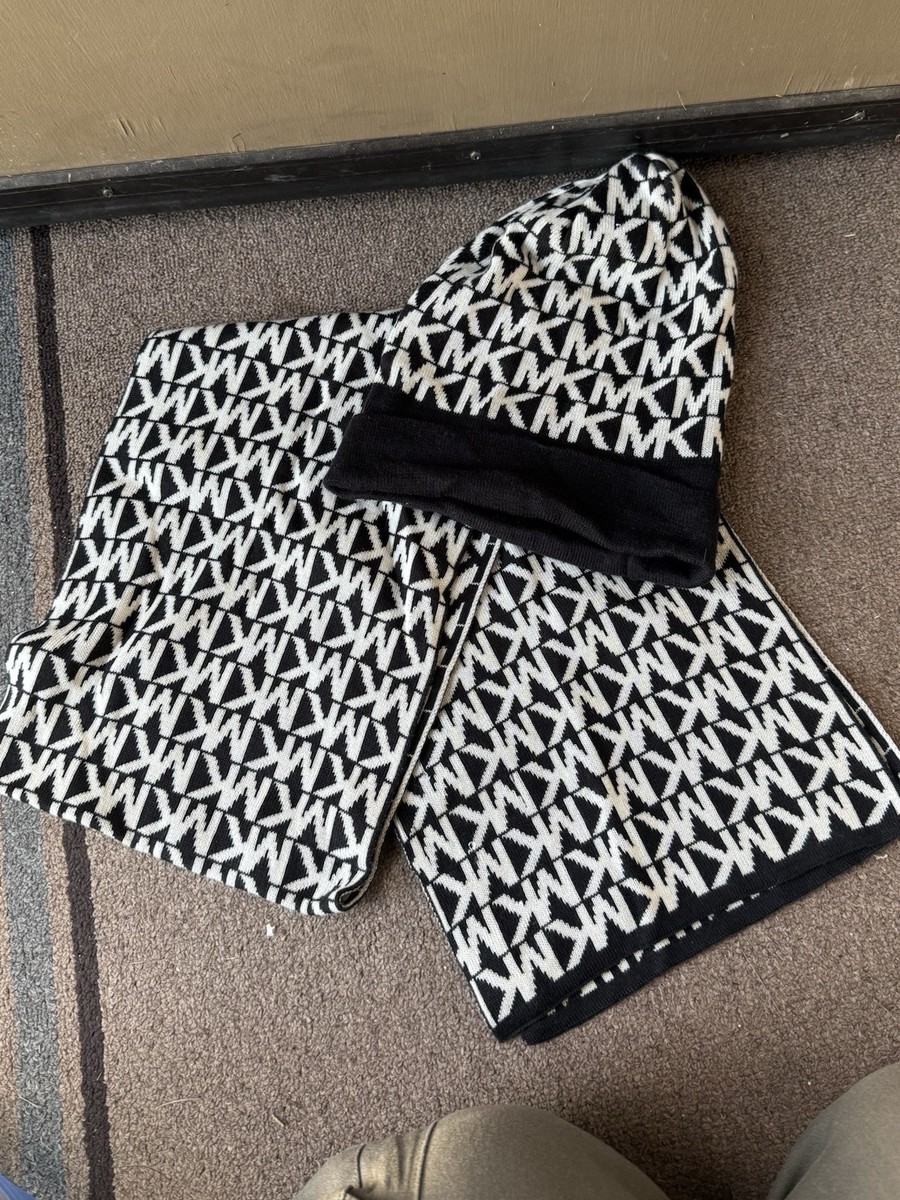 Michael Kors MK Signature Knit Black White Hat and Scarf Set One