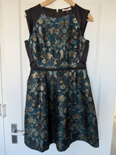 Oasis Size 10 Dress Teal Blue Gold Brocade Jacquard Metallic Floral Party Dress