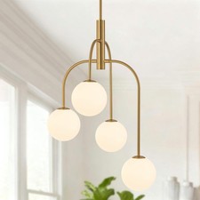 LamQee 4 Lights Mid Century Modern Chandelier, Milk Glass Globe Chandelier Li...