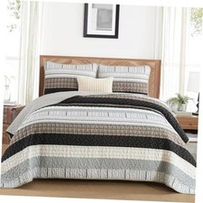 Striped Quilt Set Size Boho Patchwork Bedding Set 3 Pieces Queen Brown