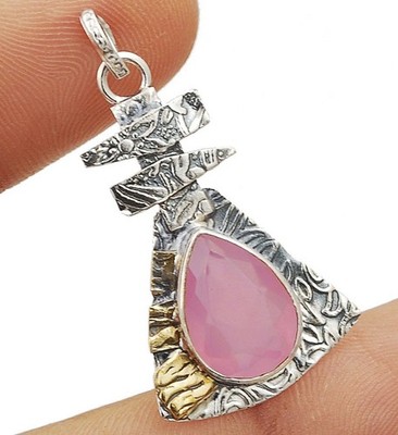 Bicolor natürlicher Rosenquarz 925 massiv Sterlingsilber Anhänger 1 1/2'' lang @B9-4