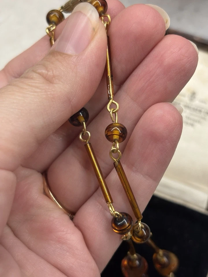 Vintage Art Deco Honey Amber Art Molded Glass Bead Necklace Faux Tortoiseshell - Image 3 of 4