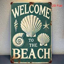 Rustic Green Beach Welcome Sign Marine Conch Metal Flat Wall Decor Plaque