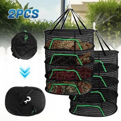 2Pcs 4-layer Zipper Hanging Drying Net Breathable Rack for Clothes Herbs Flowers