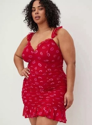 Torrid Curve Women Red Lip Print Bodycon Dress Sz 4 Ruched Mesh Ruffle Chemise