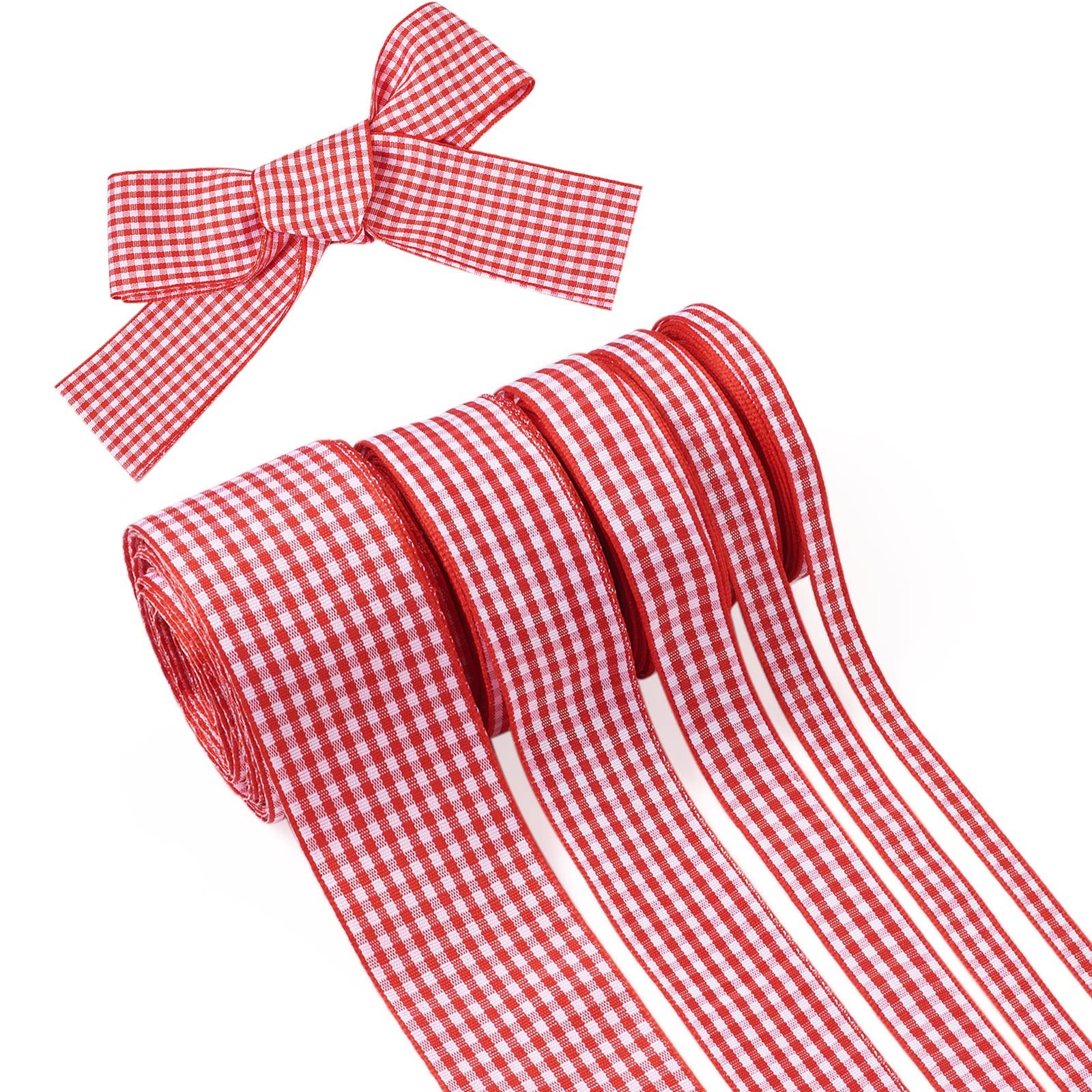 Ruban vichy rouge et blanc pour emballage cadeau de Noël et paquets artisanaux | Set de 5