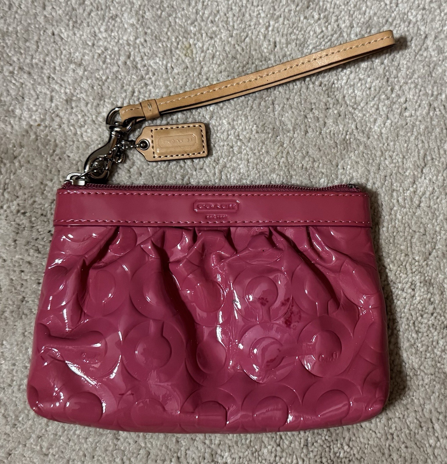 Coach Rose Pink Patent Leather OP Art Signature Clutch Wristlet Purse