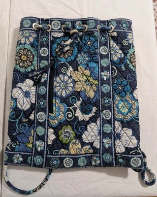 Vera Bradley Backpack Bag Mod Blue Floral 100% Quilted Cotton Drawstring