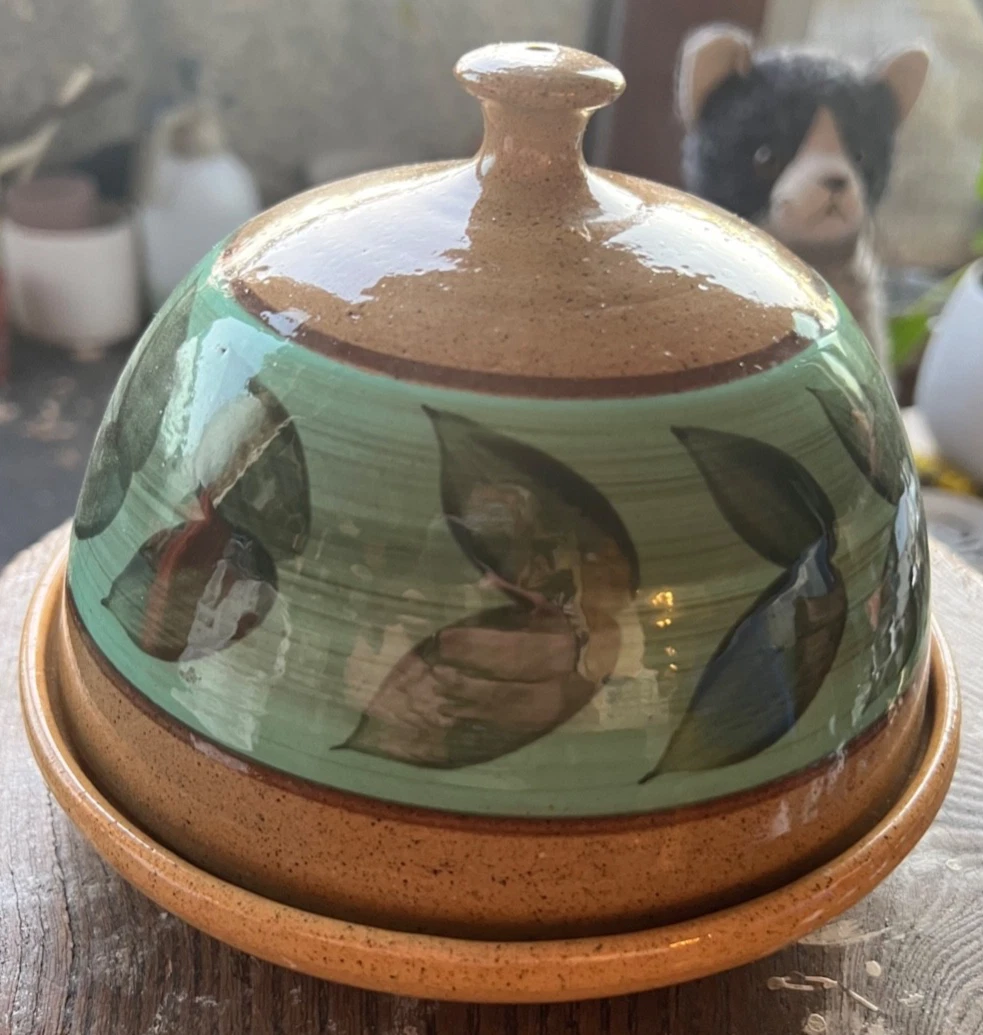 Holkham Pottery Cheese Cloche / Lidded Serving Dish Vintage Stoneware Leaves