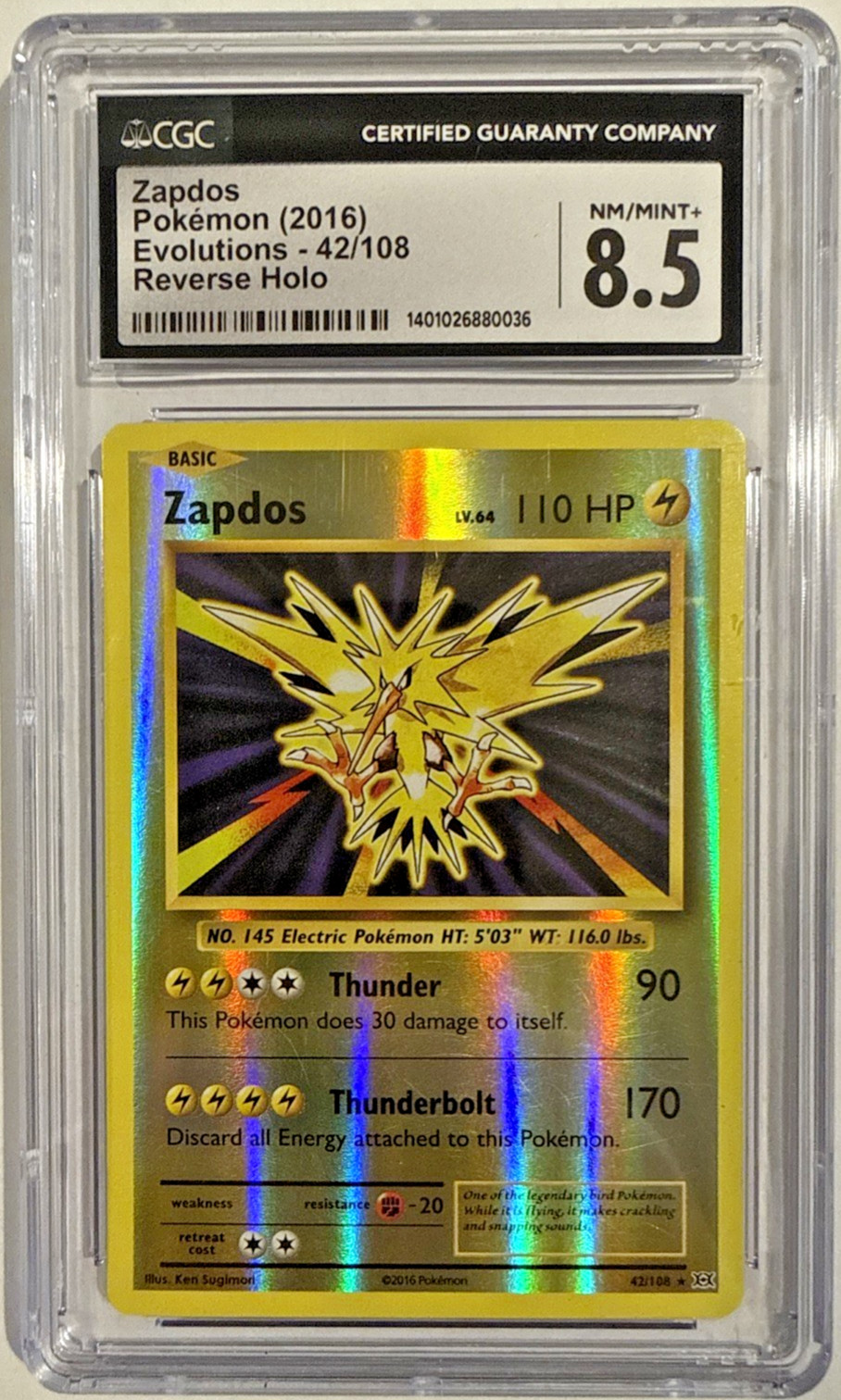 CGC 8.5 NM/Mint+ Zapdos Reverse Holo 42/108 Pokemon XY Evolutions
