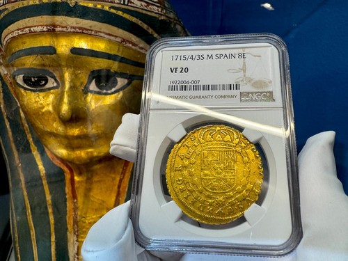 SPAIN 1715 ONLY 5 CERTIFIED PHILIP V 8 ESCUDOS NGC20 PIRATE GOLD COINS TREASURE - Picture 3 of 24