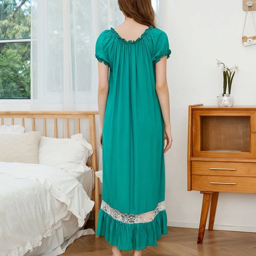 Camisón de mujer princesa manga corta cuello cuadrado algodón suave vestido largo para dormir - Imagen 9 de 34