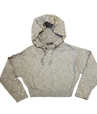 Zara Hoodie Cropped Perlen Pullover Heavy Knit Grau Pulli Damen