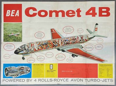 BEA BRITISH EUROPEAN AIRWAYS COMET 4B CUTAWAY POSTER AIRLINE BROSCHÜRE B.E.A.
