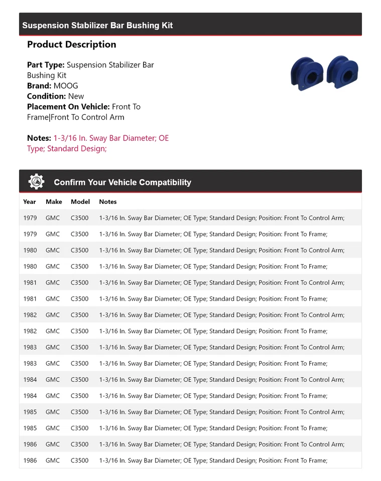Kit de buje de barra estabilizadora de suspensión para GMC C3500 1979-1986 MOOG 1979 1980 Foto 2 de 4