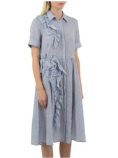 Trelise Cooper Get In Line Blue Stripe Ruffle Dress Cotton Rayon Size M 10-12