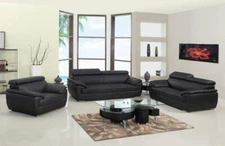 Three Piece Indoor Black Genuine Leather Six Person Seating Set