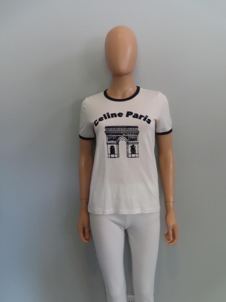 追跡付き発送【CELINE】70’S TRIOMPHE T-SHIRT ロゴ入りTシャツ CELINE Off White/Navy Arc De Triomphe 70's T-Shirt in Cotton