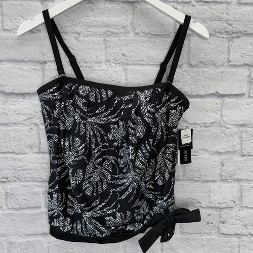 Island Escape Coral Gables Printed Blouson Bandeau Tankini Top Size 8 Black New - Picture 2 of 8