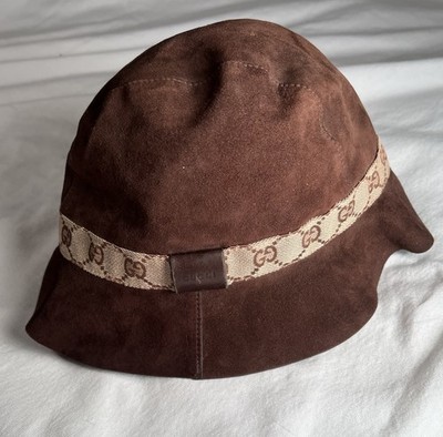 Gucci Bucket Hat Suede Chocolate Brown GG Monogram Logo Leather Trim