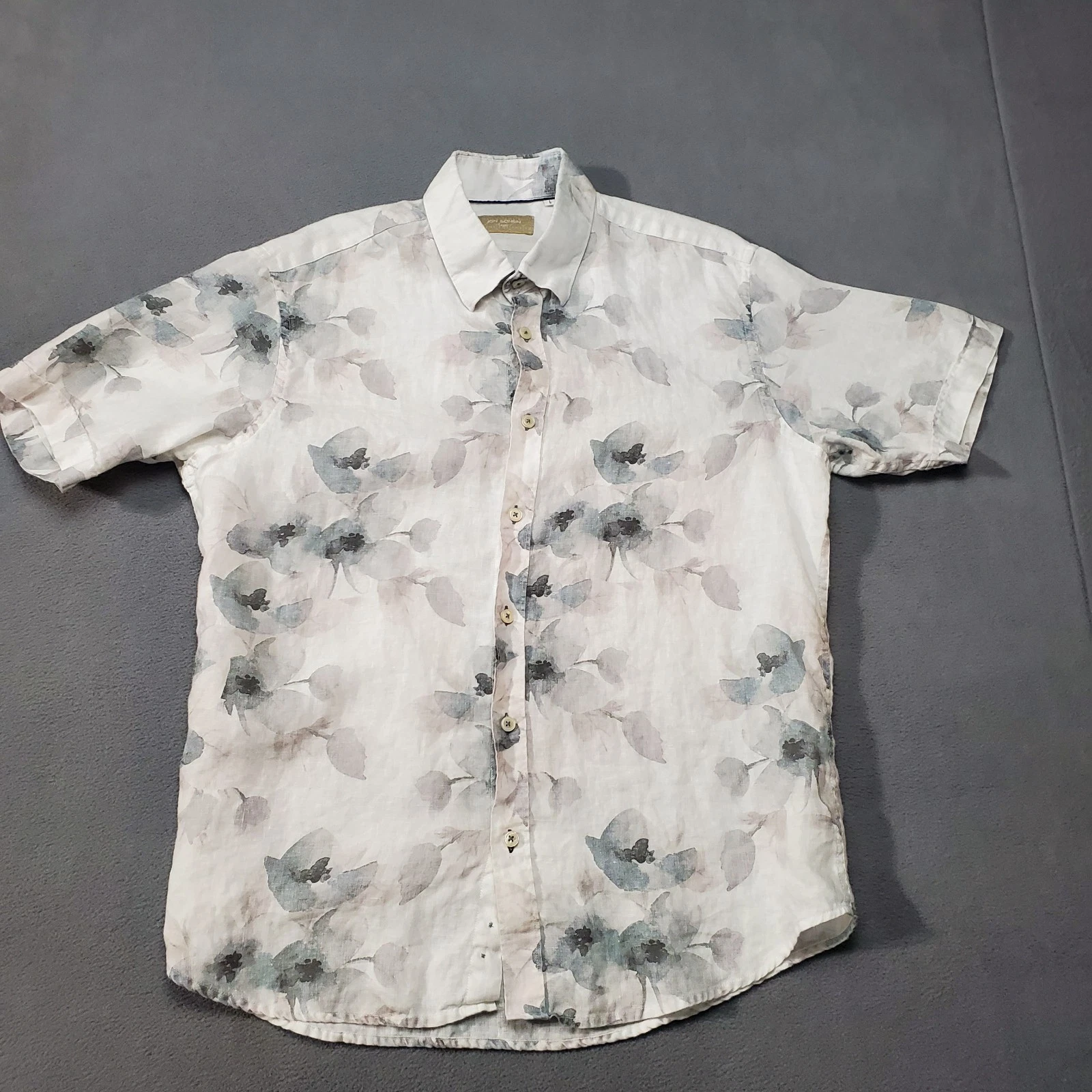 Jon Sonen Linen Shirt Mens Large Gray White Floral Leaves Beach Vacation Cruise