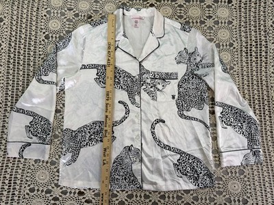 Victoria Secret Womens PJ Long Slv Shirt Sz S Satin White Cheetah - Wear w/Jeans
