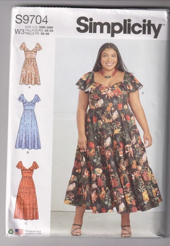 9704 SIMPLICITY - Flounce Sleeve DRESS w Hem Variations - Sz 30/32/34/36/38