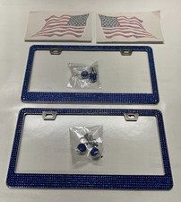 Blue Rhinestone Bling License Plate Frames 2 Pcs With Free Stickers