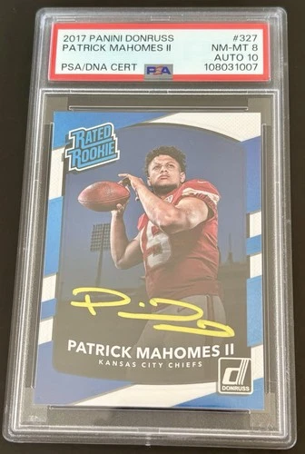 2017 Donruss Rated Rookie- Patrick Mahomes- No. 327- On Card Yellow Auto- PSA 8