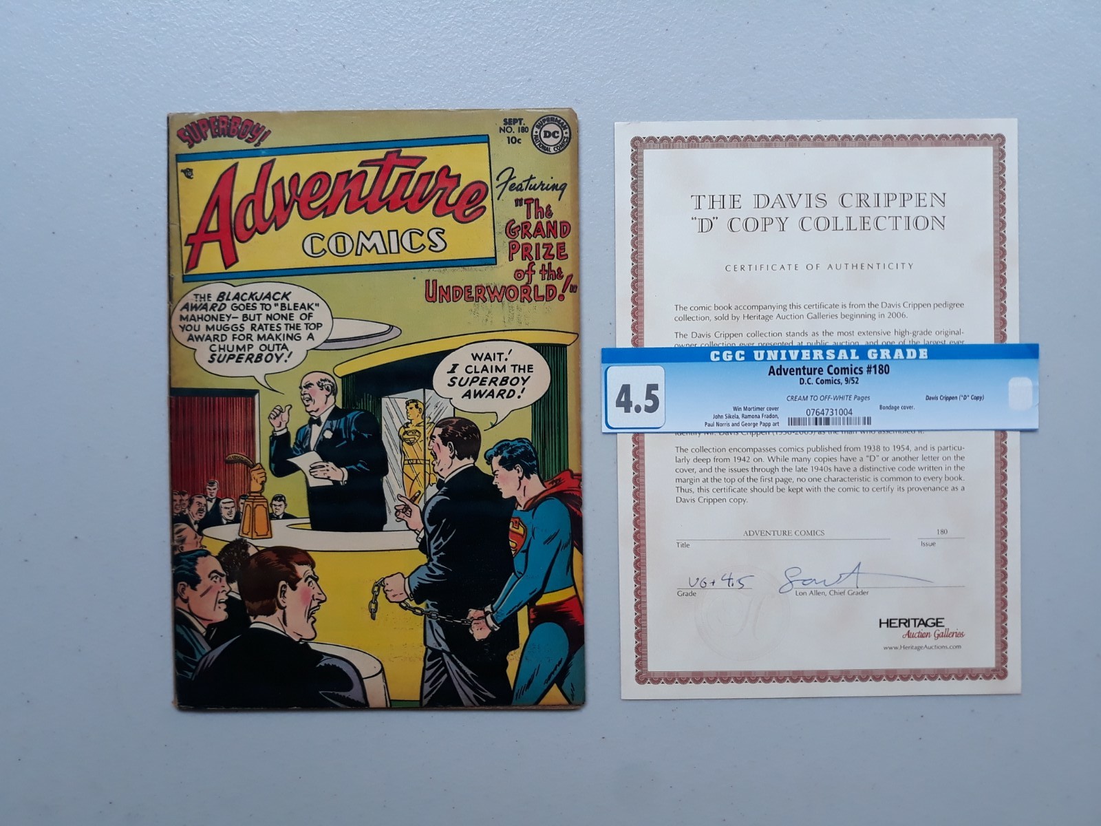 Adventure Comics 180 DC 1952 Superboy, Davis Crippen With Heritage Auctions Cert