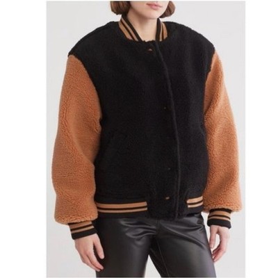 Blank NYC Women's Teddy Fleece Bomber Jacket Small Black Tan Colorblock Varsity