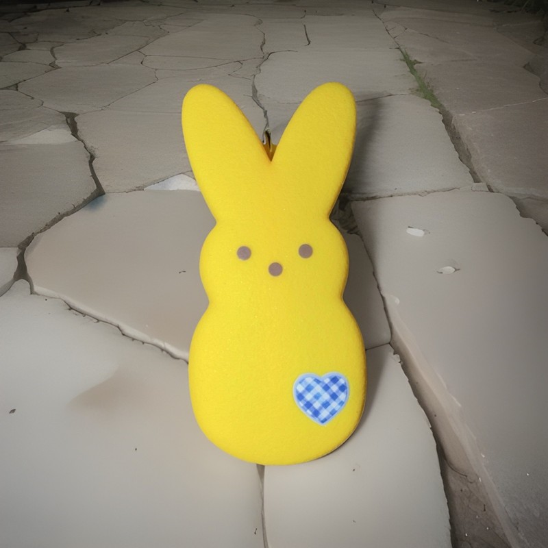 Yellow Rubber Bunny Figure Accessory w/ Blue Gingham Heart, White Accents