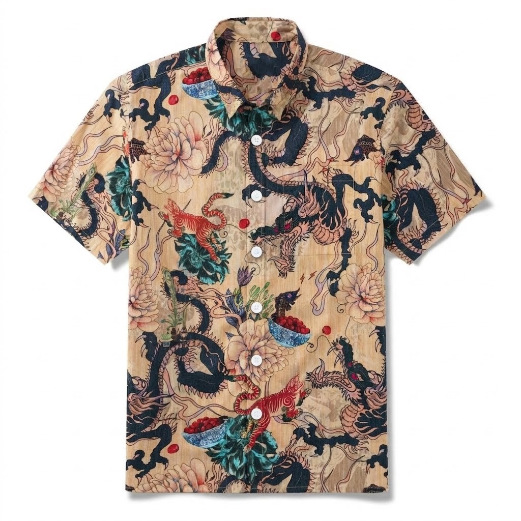 Men's Dragon Tiger Print Hawaiian Shirt Asian Style Short Sleeve